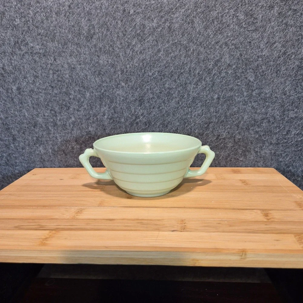 5 Vintage Hazel Atlas Platonite Moderntone Glass Handled Cream Soup Bowls Green